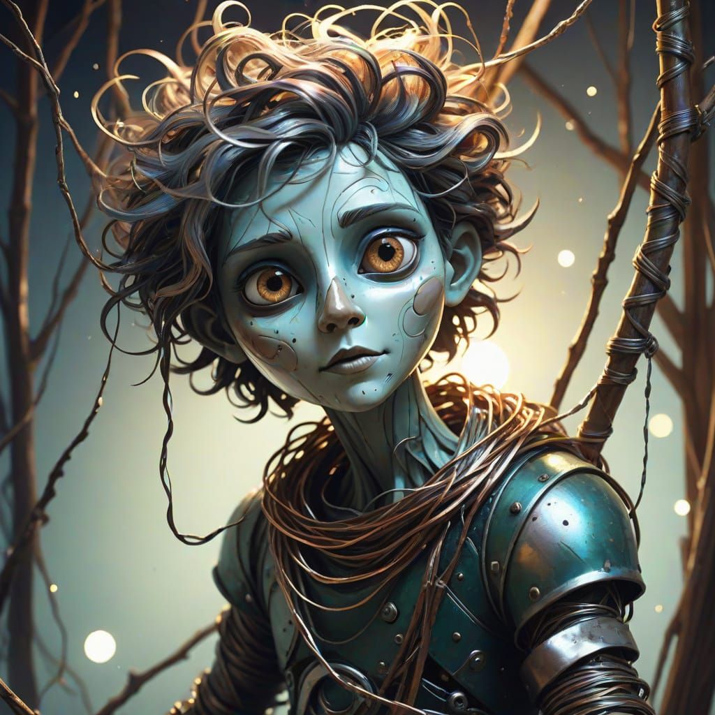 Surreal Boy Puppet Entangled in Dreamlike Scene