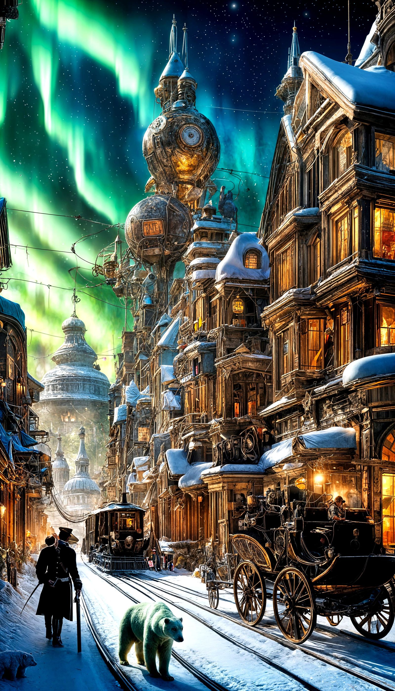 Steampunk Cityscape with Polar Bears and Aurora