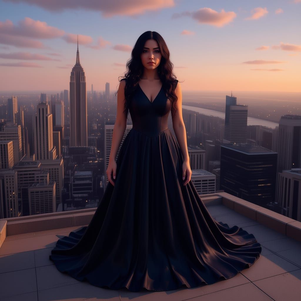 Woman in Black Dress on Rooftop at Dusk