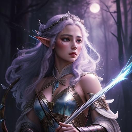Elven Princess with Bow and Arrow, Watercolor Art