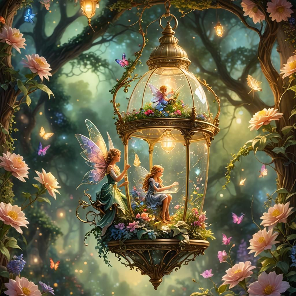 Enchanting Fairy on Lantern in Dreamlike Oil Painting
