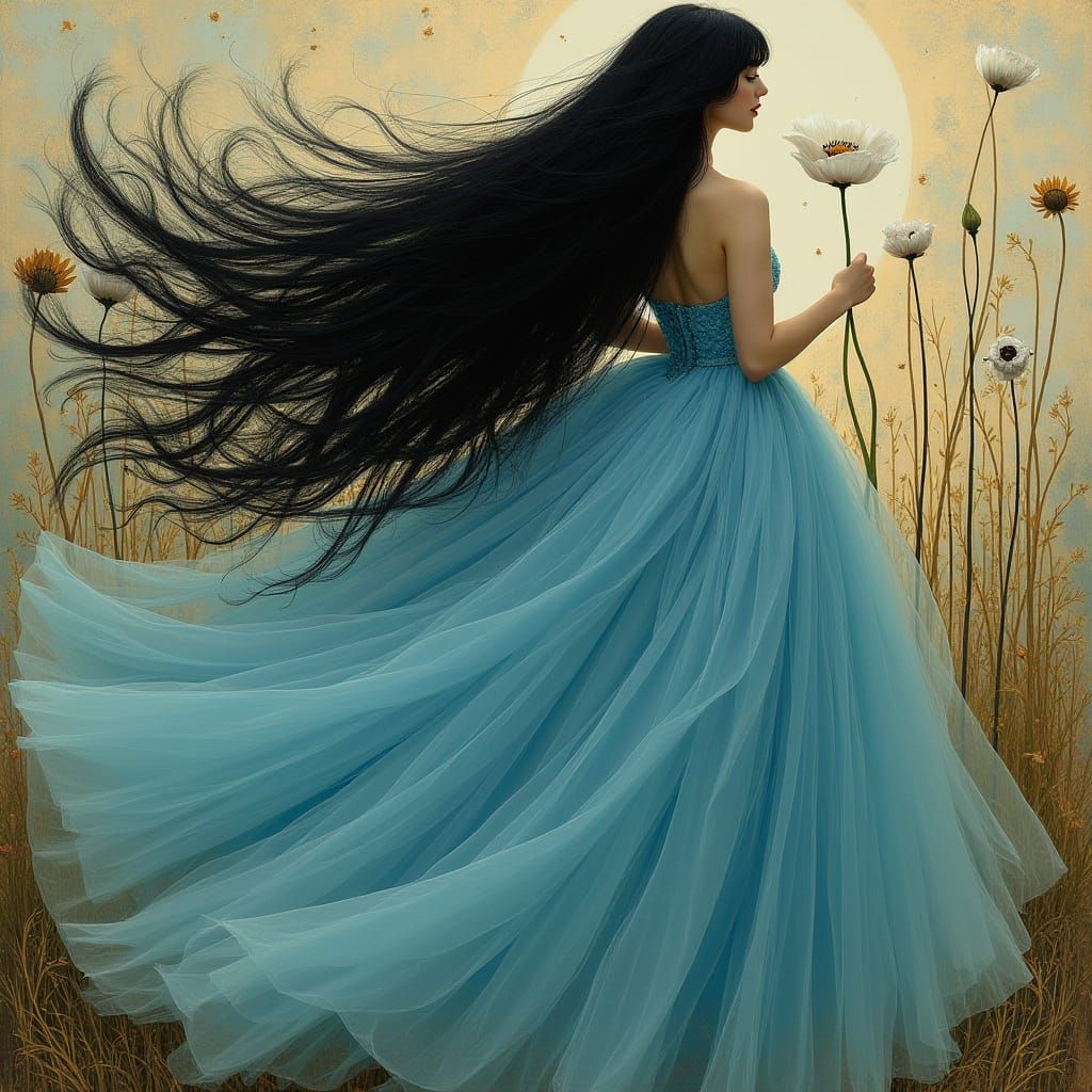 Woman in Blue Dress Holding Poppy, Art Nouveau Style