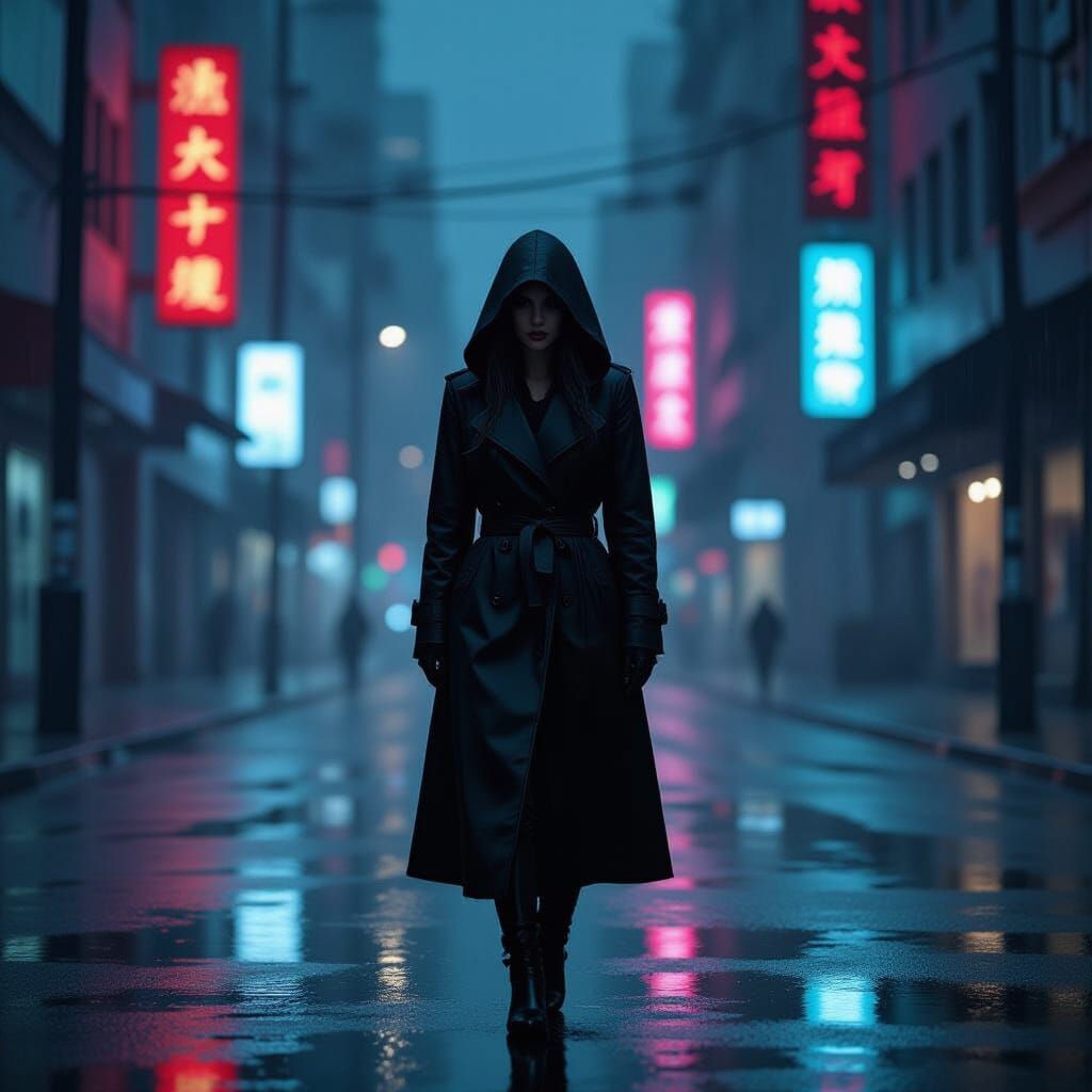 Woman in Futuristic City Street with Neon Reflections
