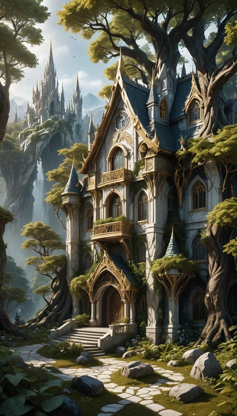 Elven Home in Forest: White Marble and Gold