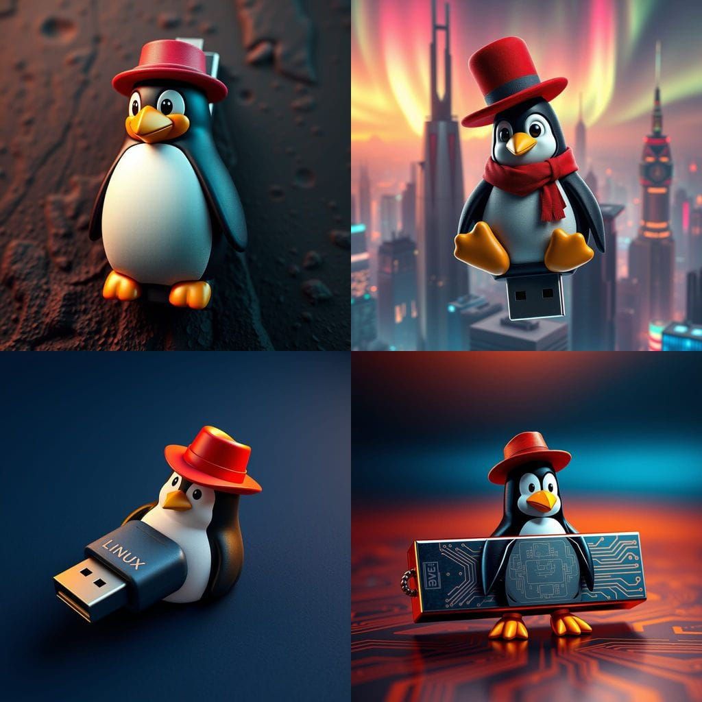 Tux the Linux Penguin Wears a Red Fedora on a Flash Drive