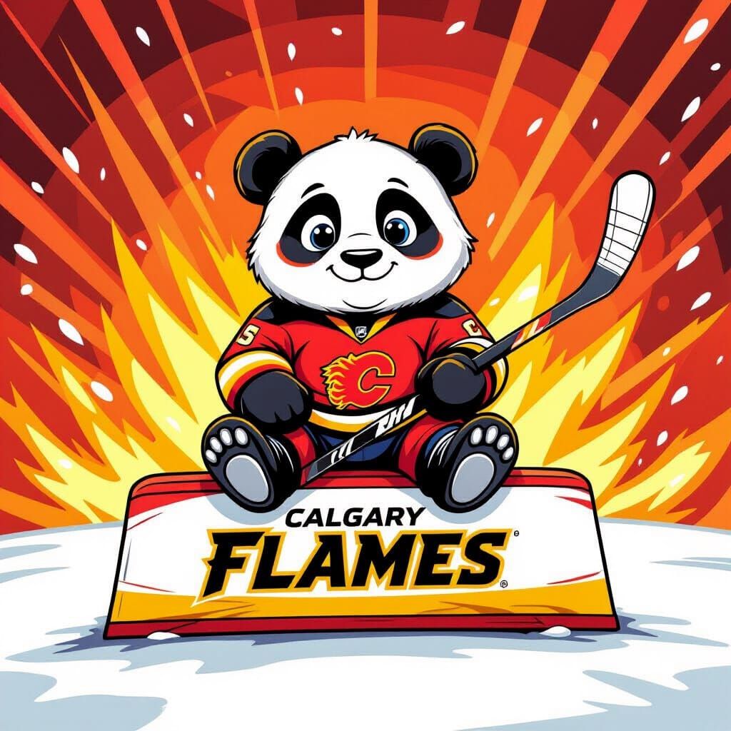 Cute Panda in Calgary Flames Jersey with Hockey Stick