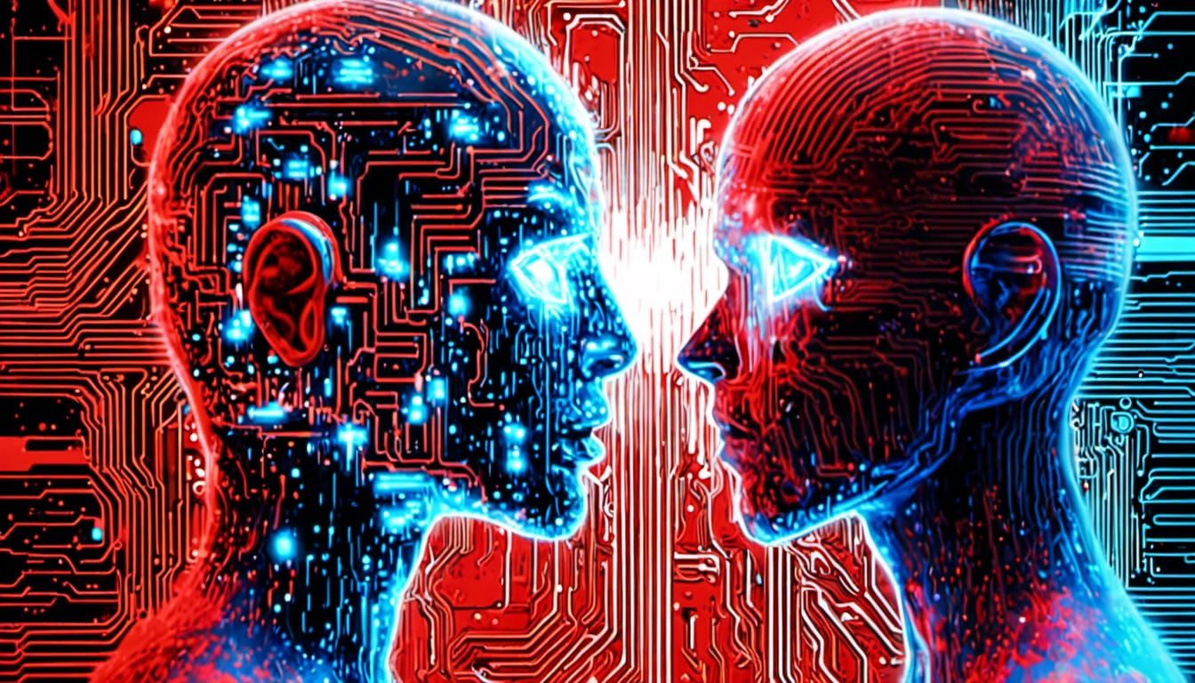 Surreal Cyberpunk Battle of Red and Blue Humanoids