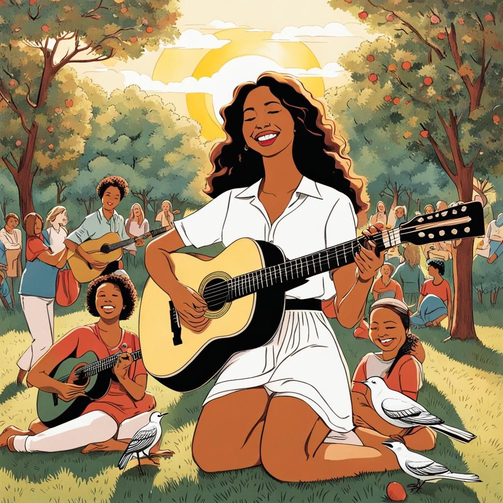 Young Woman Playing Guitar in Park Drawing