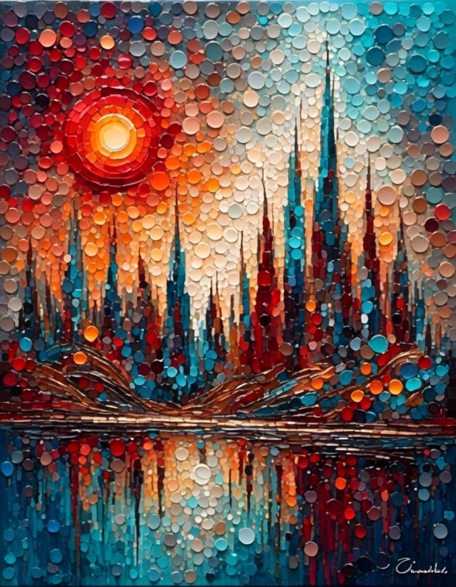 Abstract Cityscape with Red Sun, Geometric Oil Painting