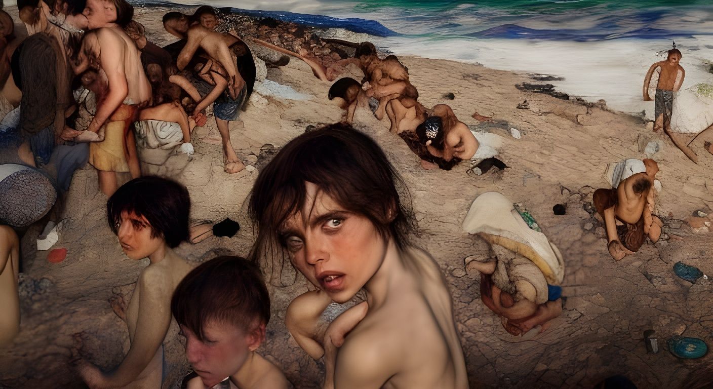Refugees Arriving on Shore in Hyperrealistic Style