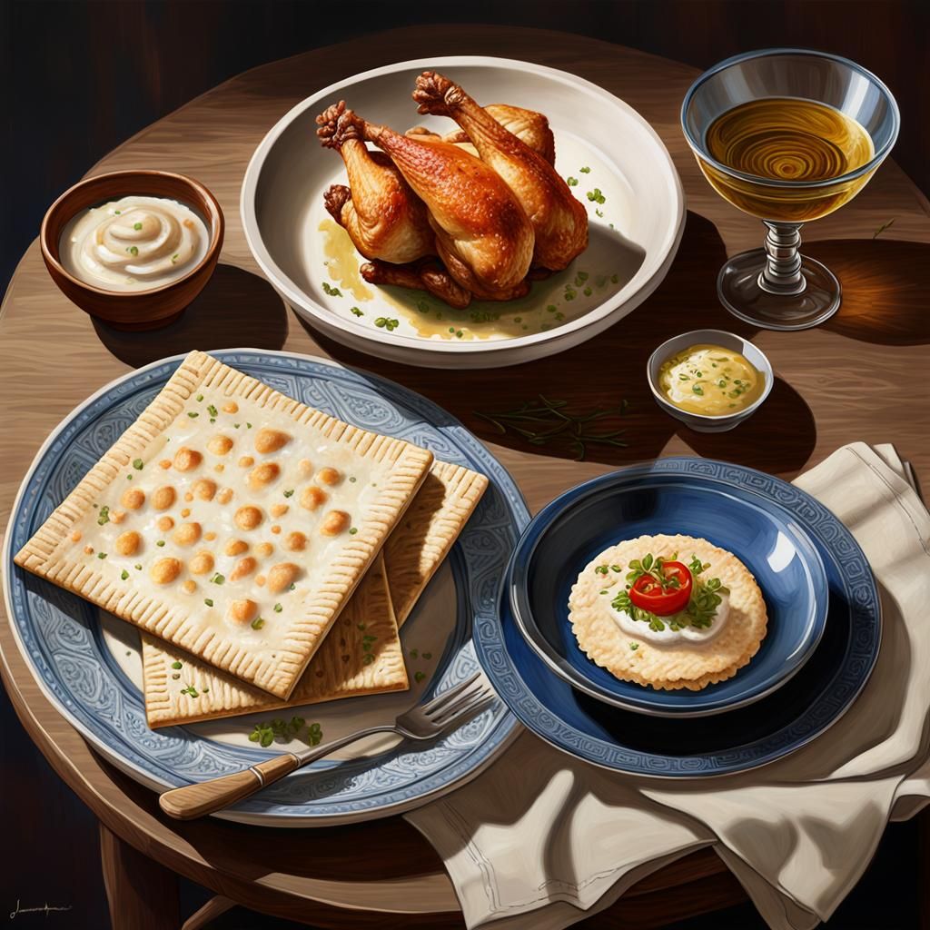 Chicken Drumstick and Matzah Still Life, Oil Painting