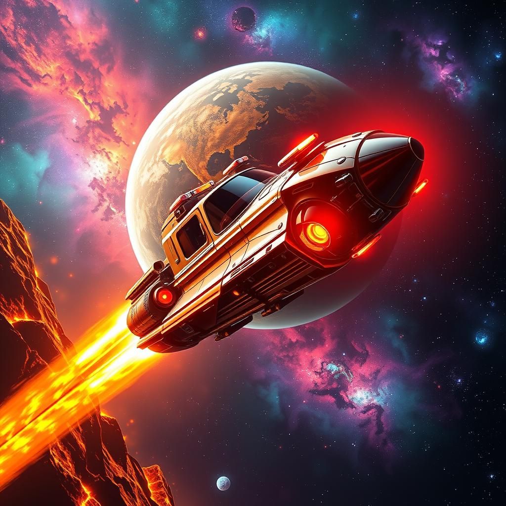 Futuristic Fire Engine Spaceship in Fiery Cosmos
