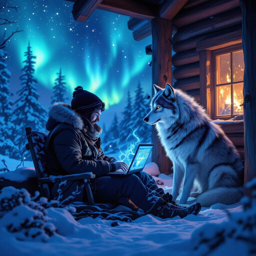 Hacker and Spectral Wolf in Snowy Cabin with Aurora