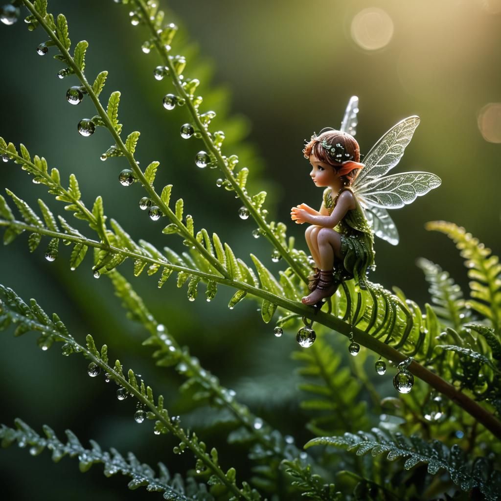 Fairy on Fern: Macro Photography with Dew Drops