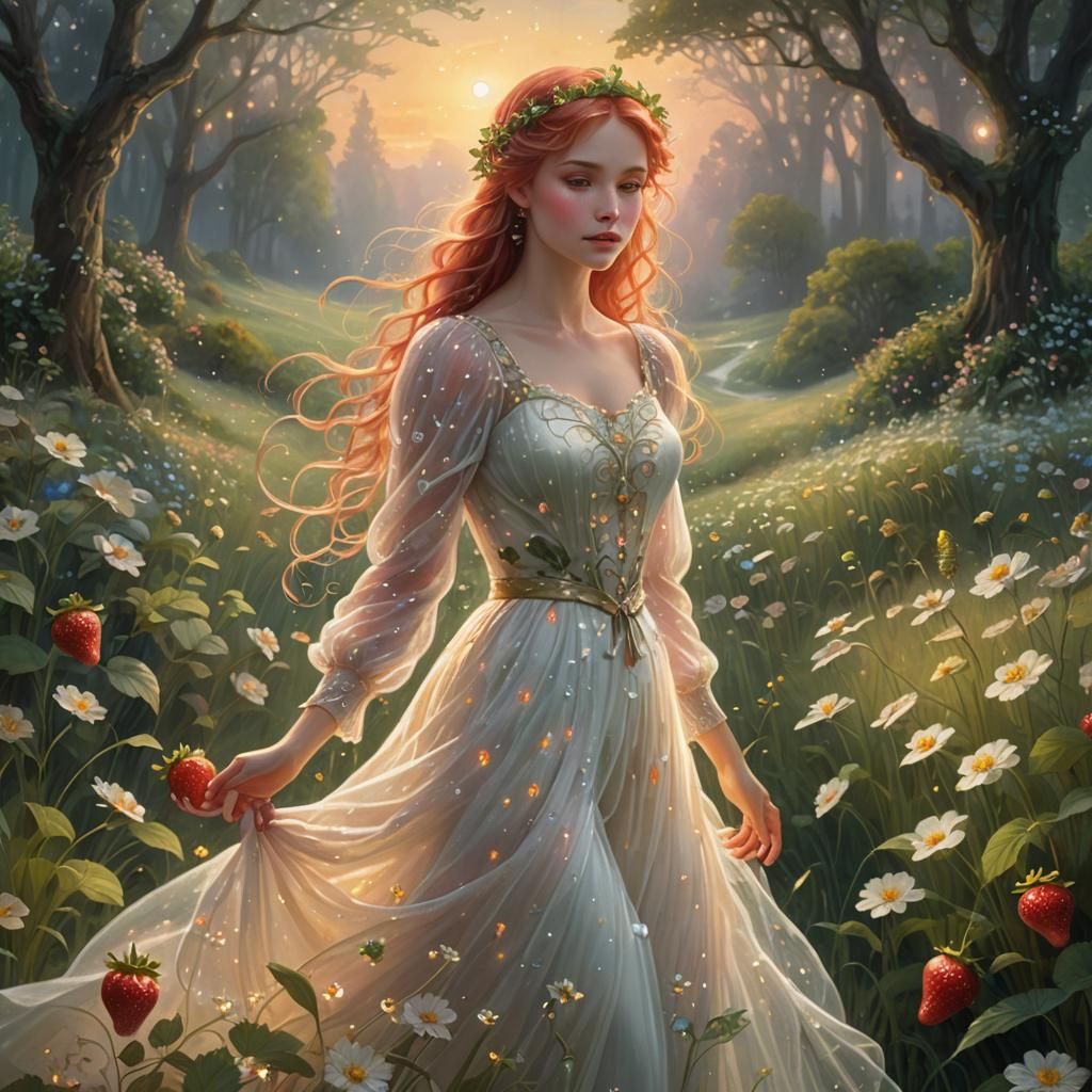 Strawberry Girl in Meadow: Ethereal Fantasy Art
