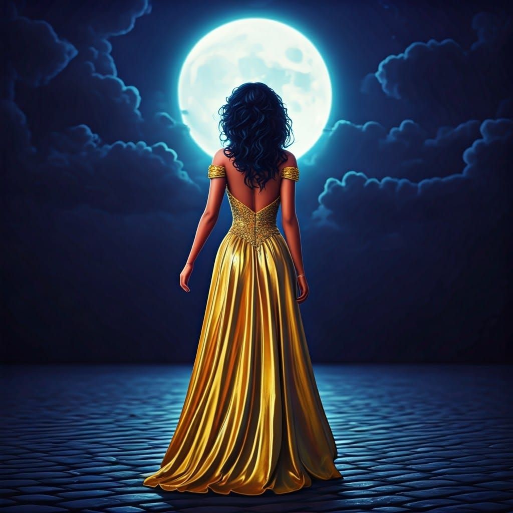 Latina in Golden Gown Walking Away at Night
