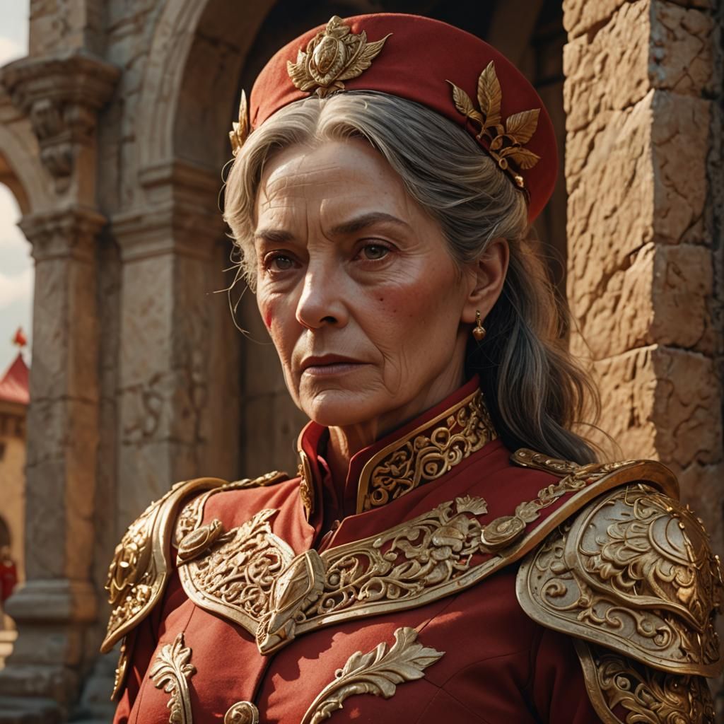 Steadfast Woman in Scarlet Uniform: Detailed Matte Painting