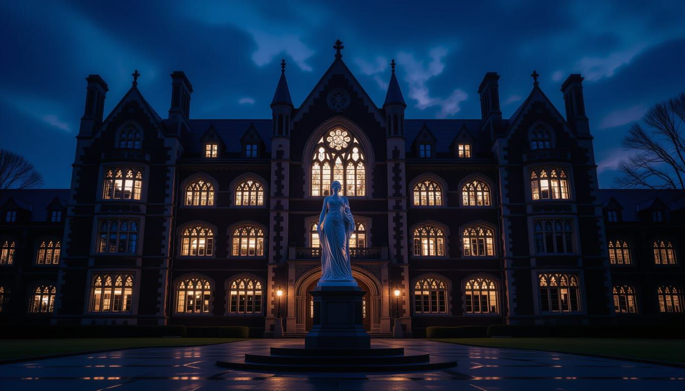Gothic School for Girls at Night, Feminine Statue Out Front