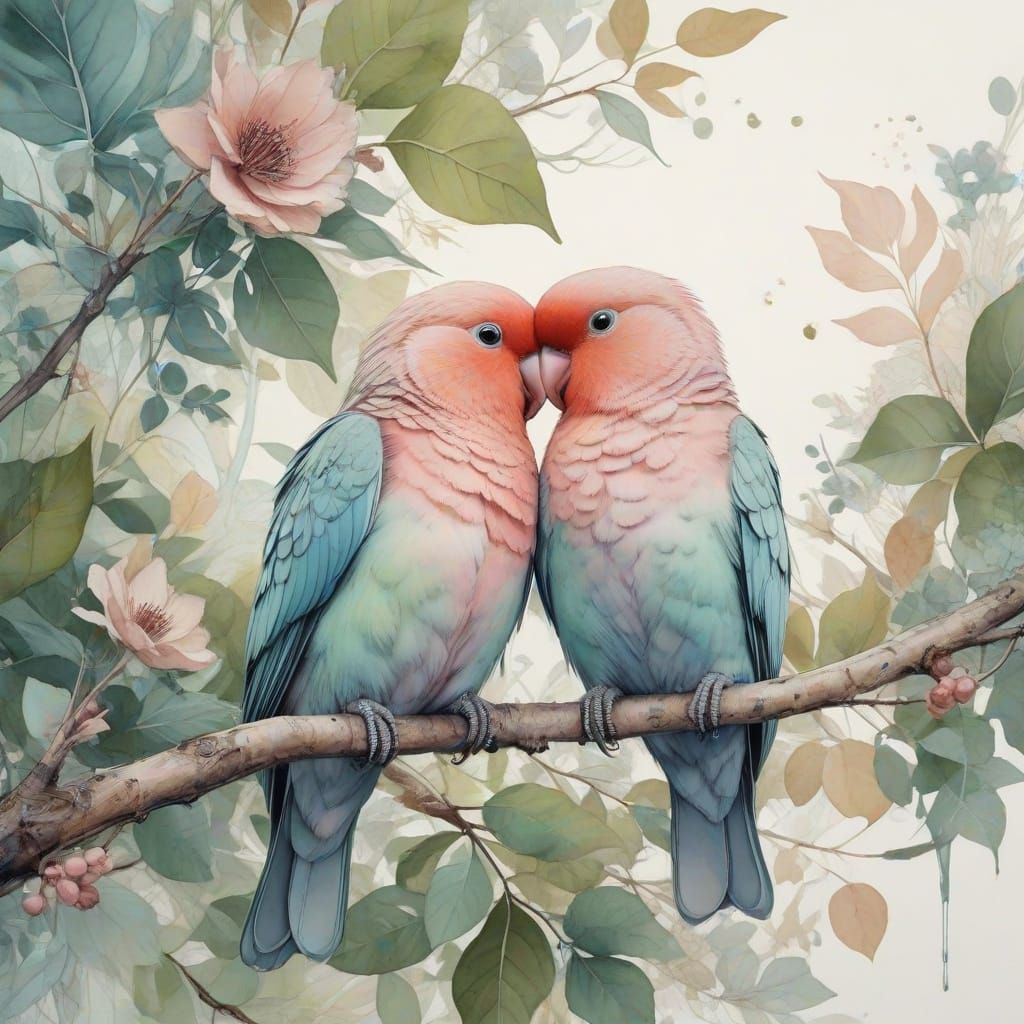 Whimsical Lovebirds in Enchanting Pastel Landscape