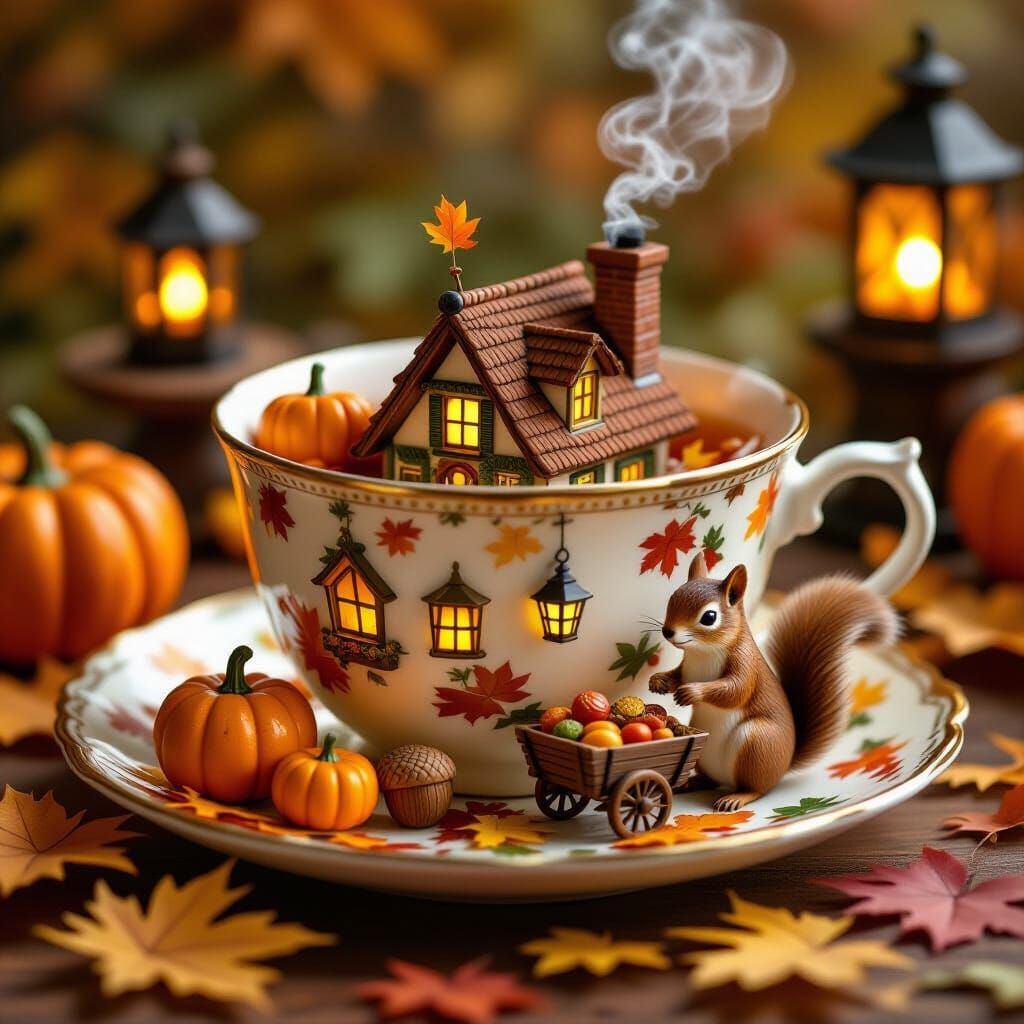 Miniature Autumn World in a Teacup, Art Nouveau Style