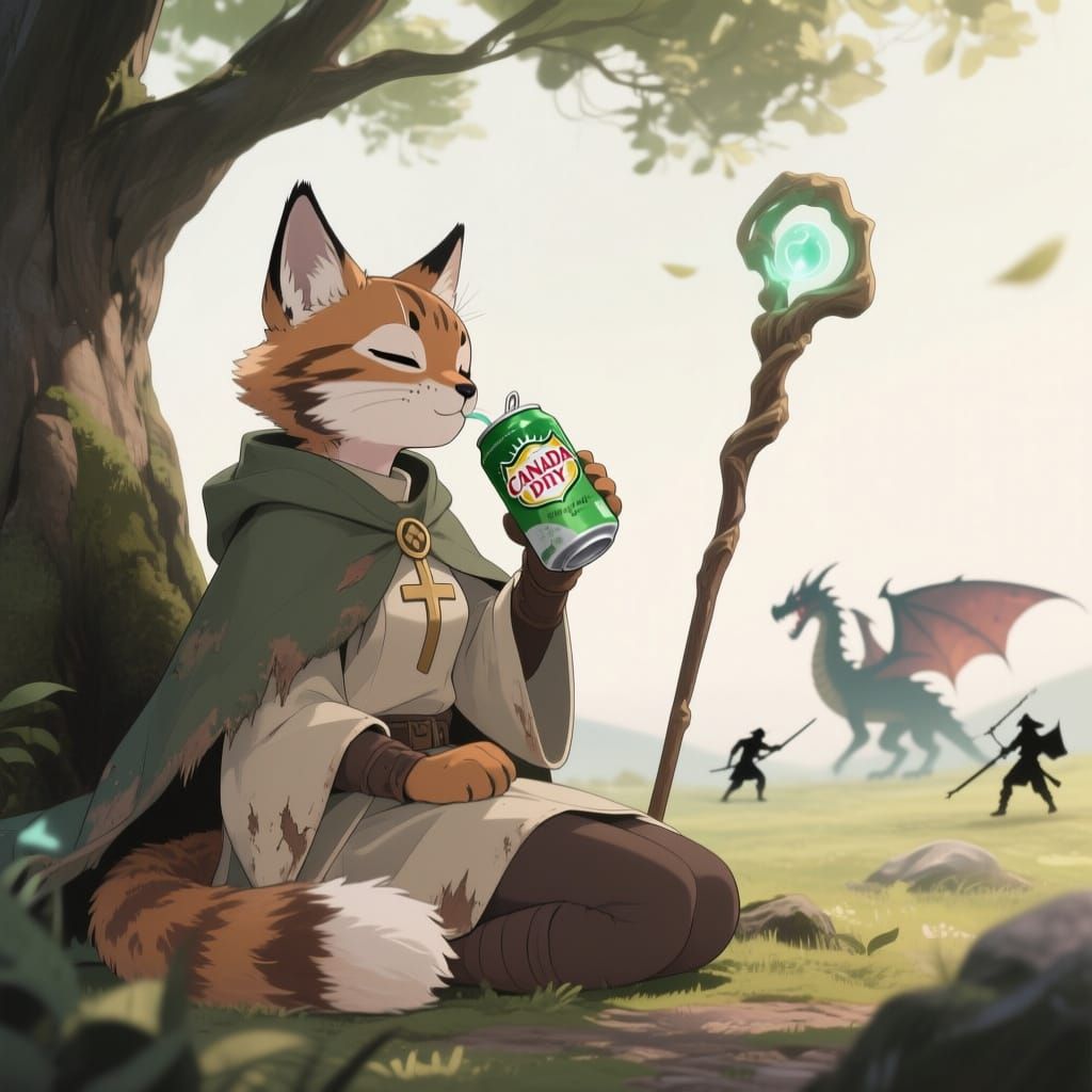 Anime Lynx Priestess Drinks Ginger Ale