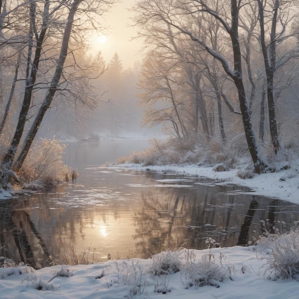 Serene Winter Lake in Impressionist Style