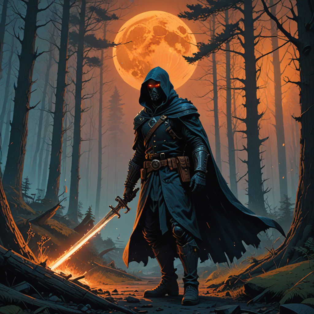 Epic Dark Fantasy Warrior Under Mystical Moonlight