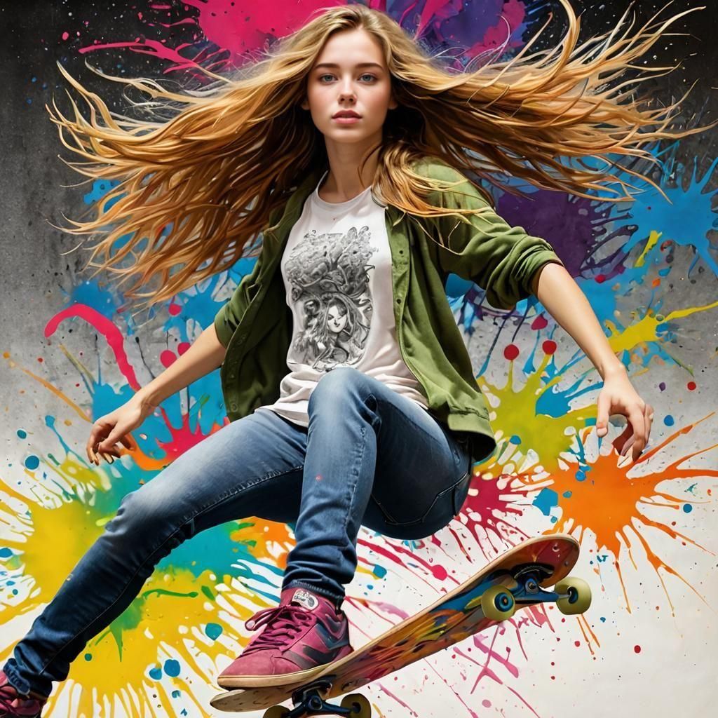 Ink Drawing of Skateboarder in Mid-Air