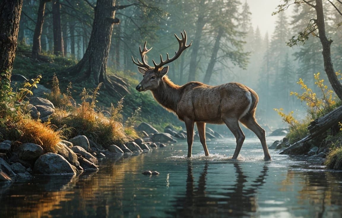 Majestic Deer in Morning Mist, Epic Oil Painting