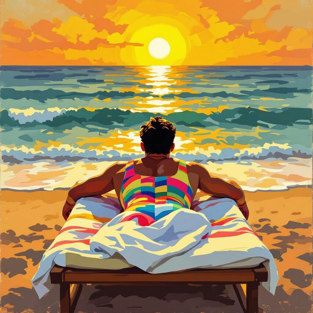 Man on Beach at Sunset in Rockwell Style