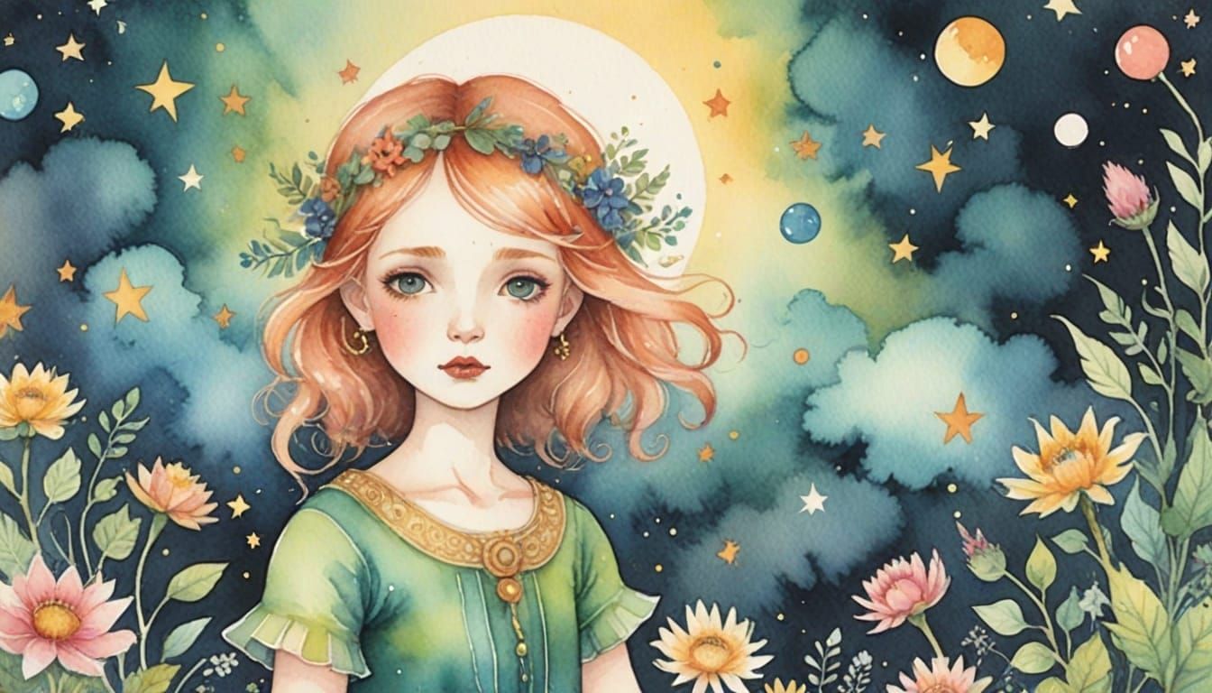 Magical Kidcore Watercolor Art: Enchanting Liminal Scene