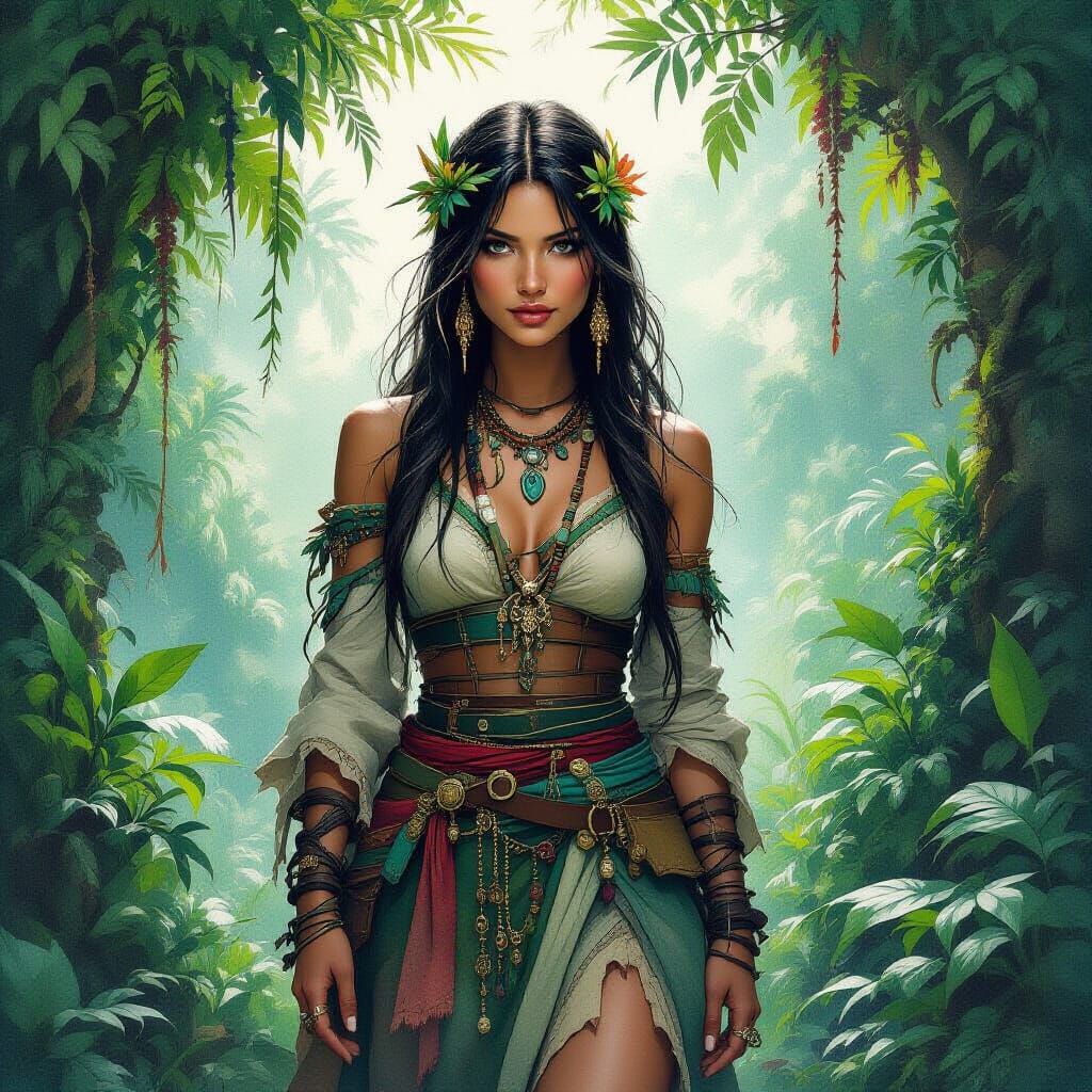 Mystical Woman in Lush Foliage: Painterly Illustration