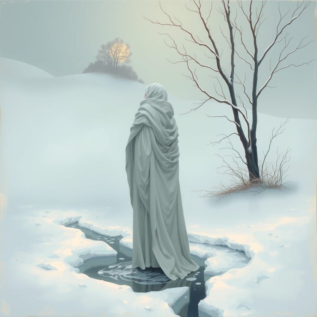 Serene Figure Emerging from Melting Snow