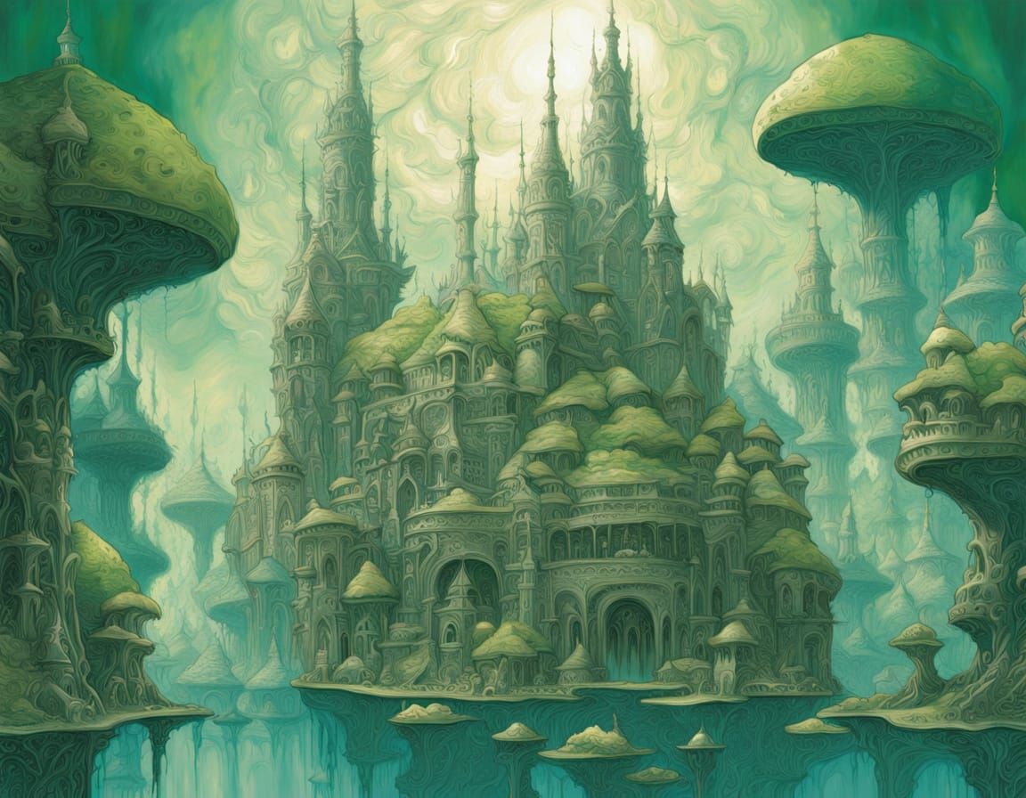 Surreal Underwater Metropolis in Amano-Inspired Acrylic