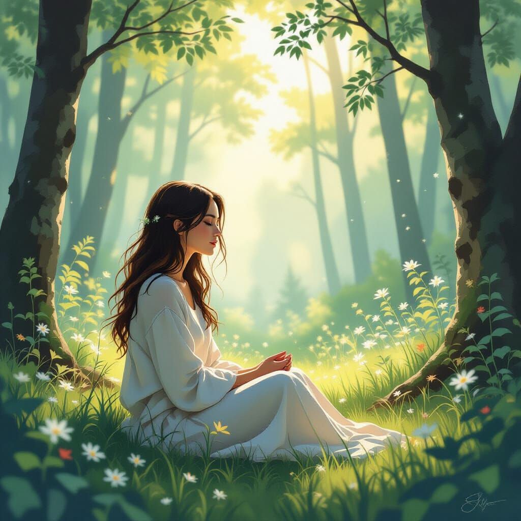 Serene Woman in Tranquil Forest Fantasy Art