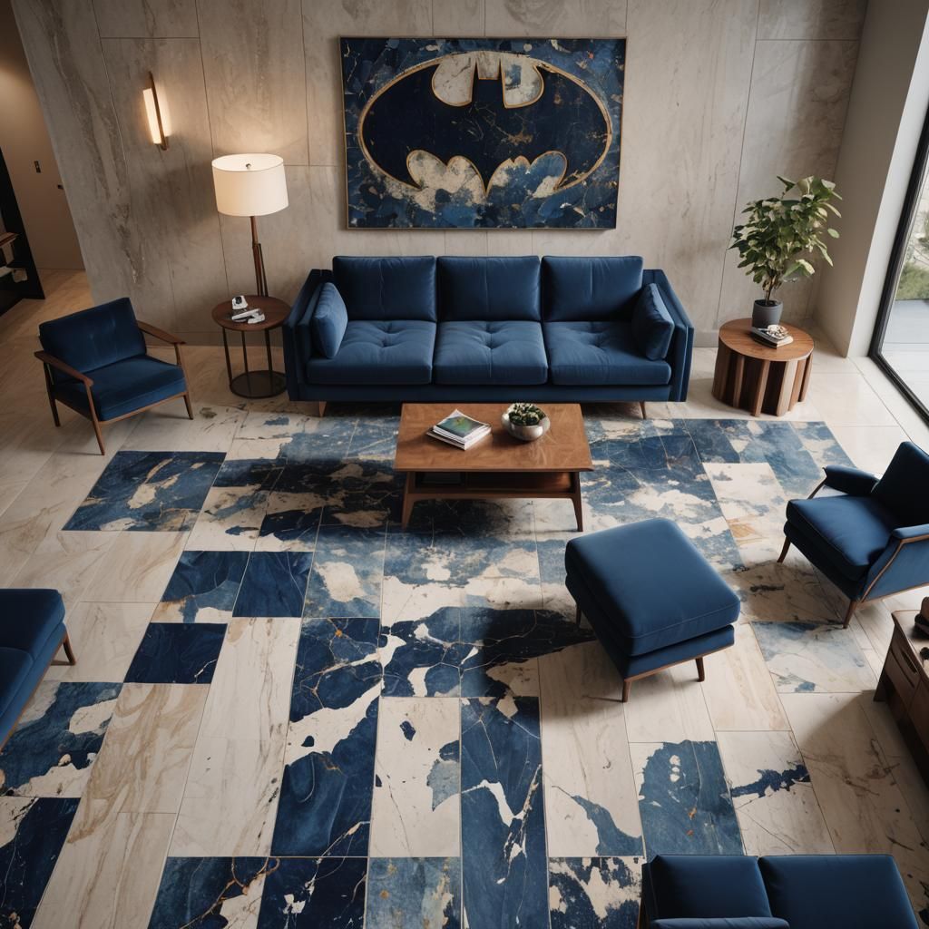 Contemporary Lounge with Batman Art in Natural Light