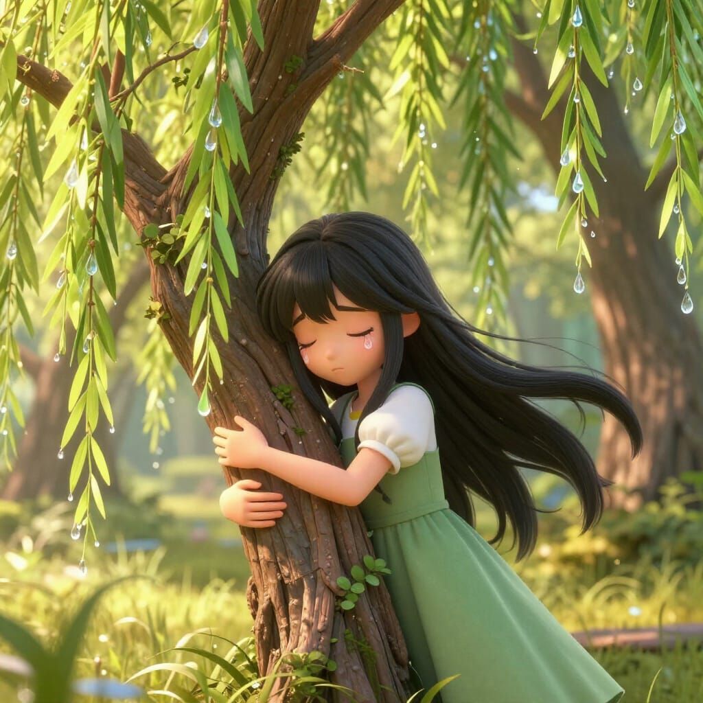 Girl Hugs Weeping Willow in Ethereal Forest