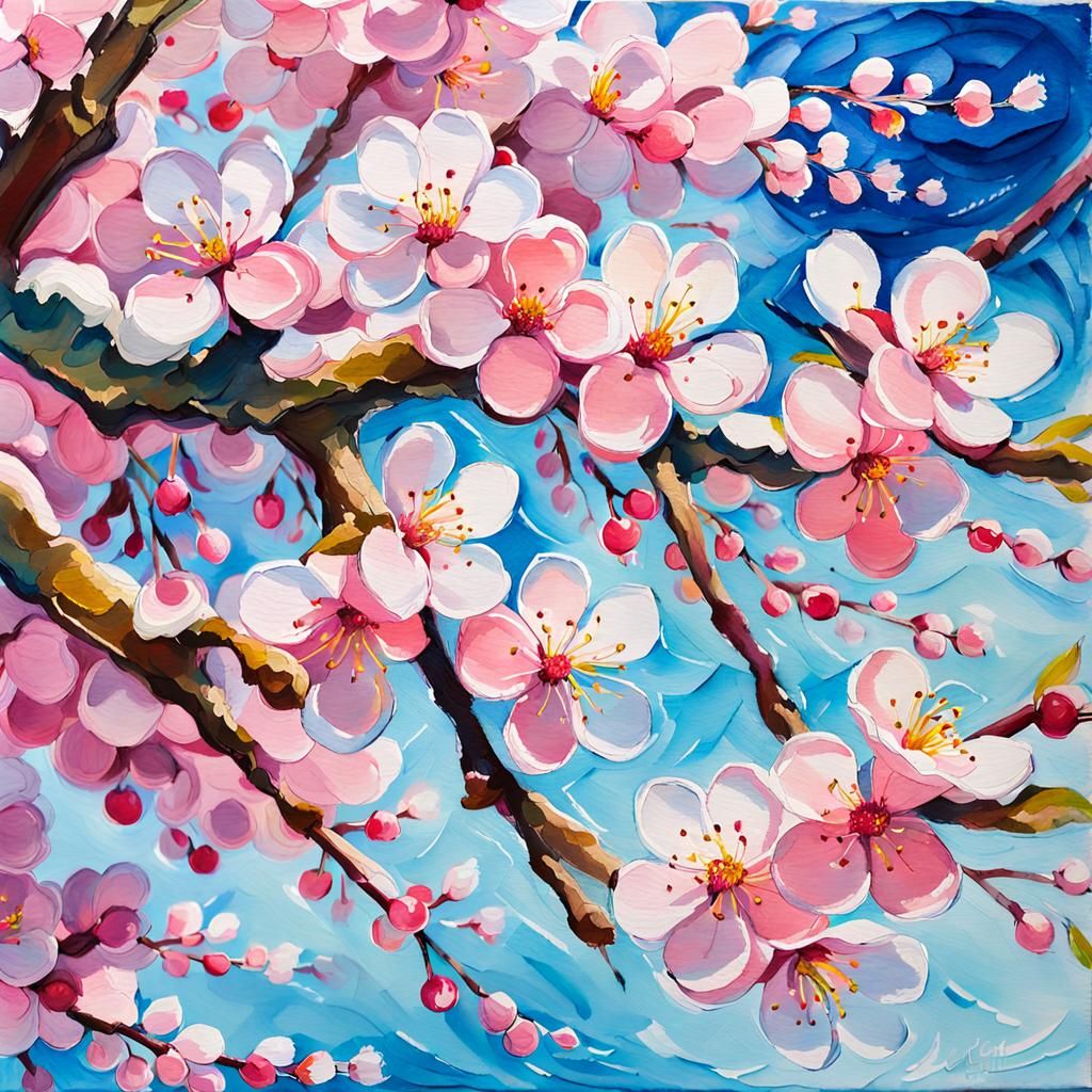 Cherry Blossoms in Vibrant Impressionist Style