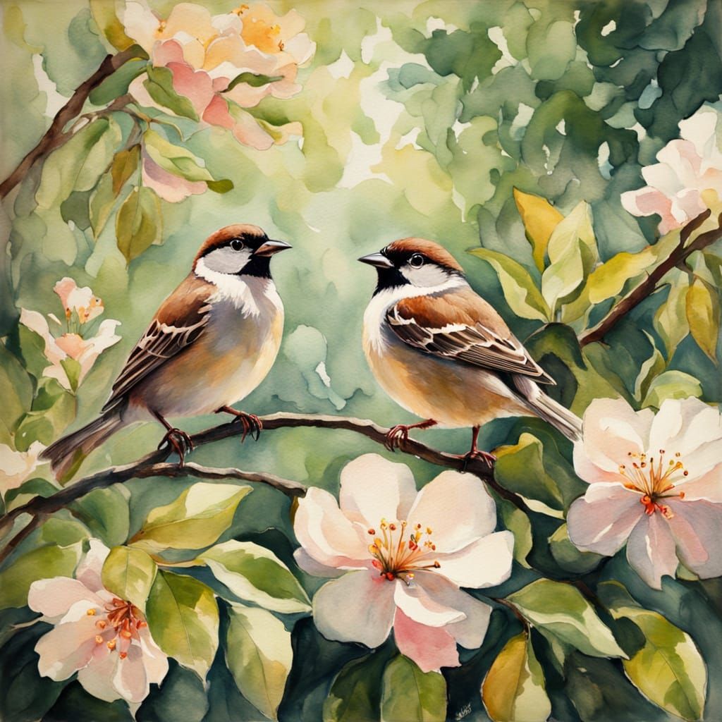 Impressionist Apple Tree Blooms with Sparrows in Vibrant Col...