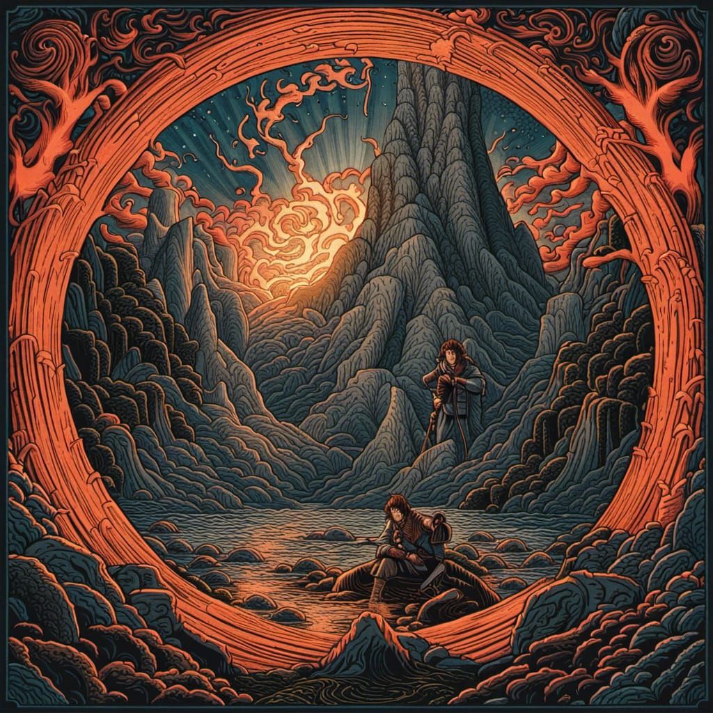 Japanese Woodblock Print of Sauron in Middle Earth