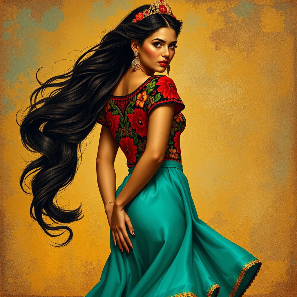 Regal Latina Queen in Folk Art Realism Style