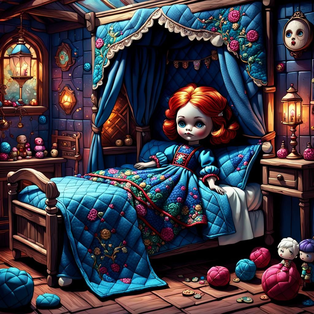 Quilted Doll Scene: Detailed Matte Painting in Deep Color