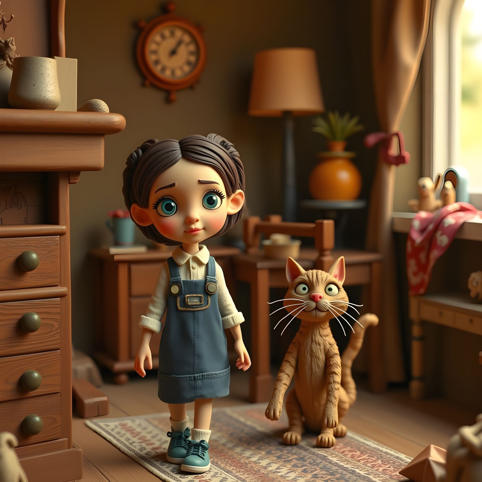 Vulcan Woman and Tabby Cat in Claymation Style