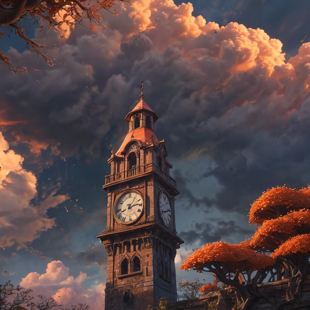 Fantasy Clock Tower Under Cloudy Sky
