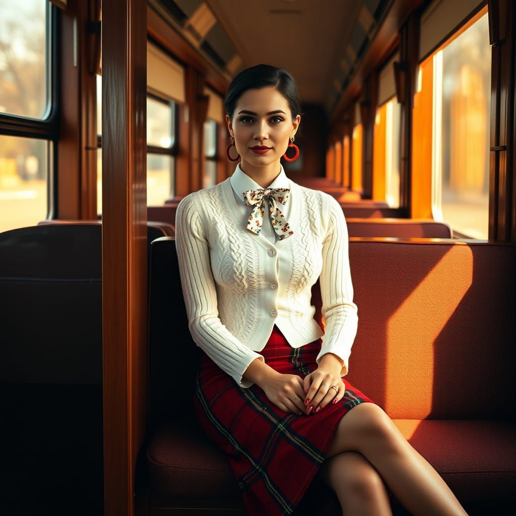 Elegant Woman in Vintage Train Carriage