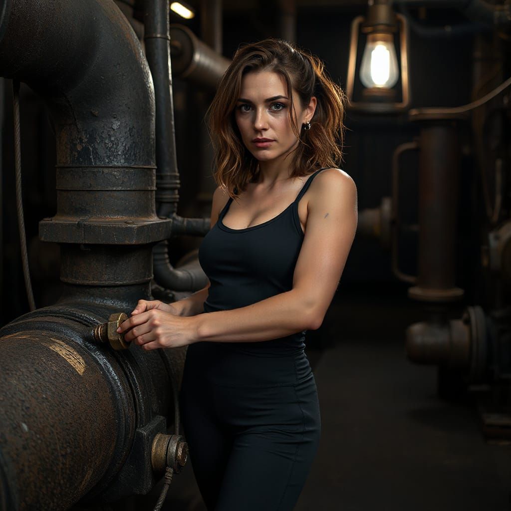 Steampunk Woman Working in Industrial Engine Room