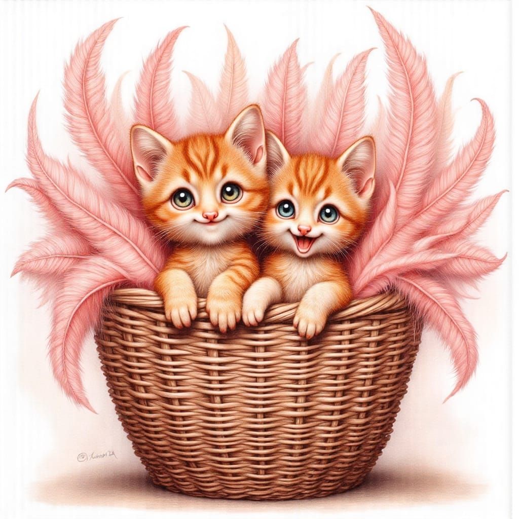 Cute Ginger Kittens Peek from Whimsical Watercolor Basket