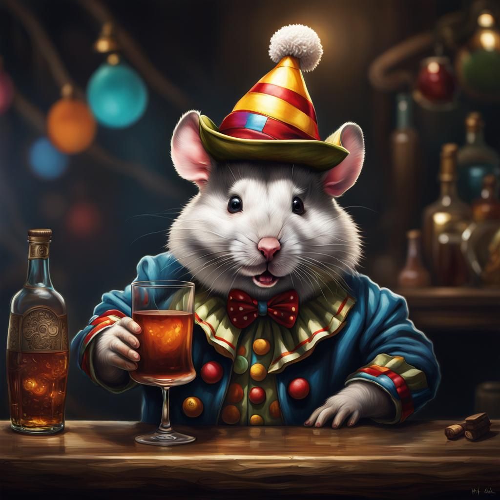 Alcoholic Hamster Clown Portrait in Digital Art Style