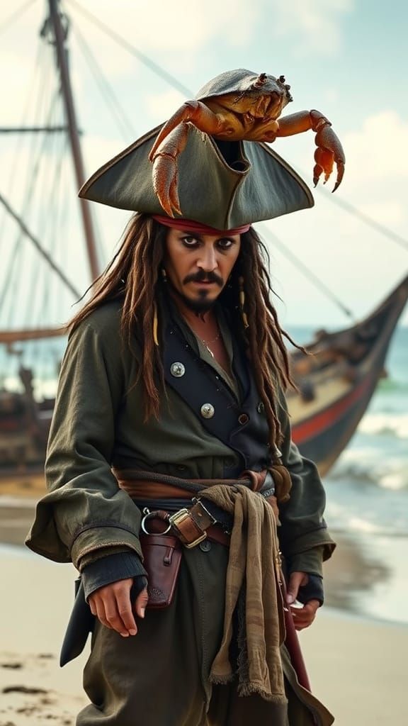 Captain Jack Sparrow on a Beach with Crab
