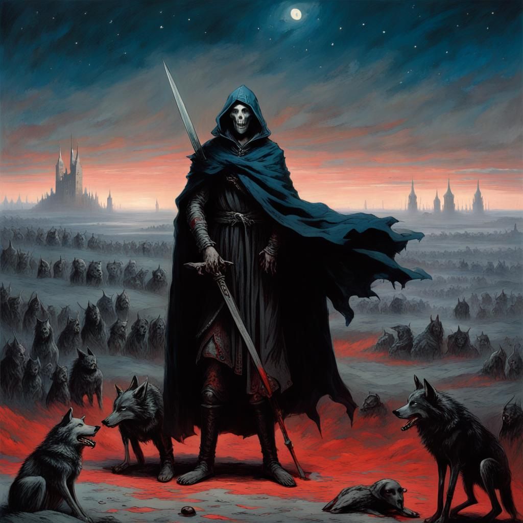 Desolate Battlefield with Spectral Figures in the Distance